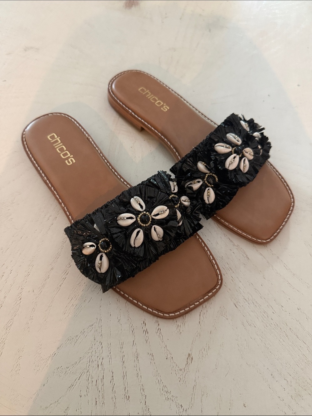 Chico’s Black Raffia Shell Embellished Slide Sandals Sz 8.5 New